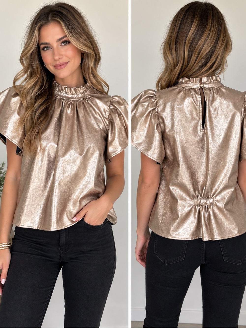 THML Metallic Rose Gold Faux Leather Ruffle Neck Puff Sleeve Top XS